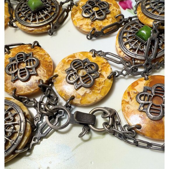 Antique 30's Celloid Circles Green Glass Silverplate women's Link Belt/Necklace - Picture 16 of 16